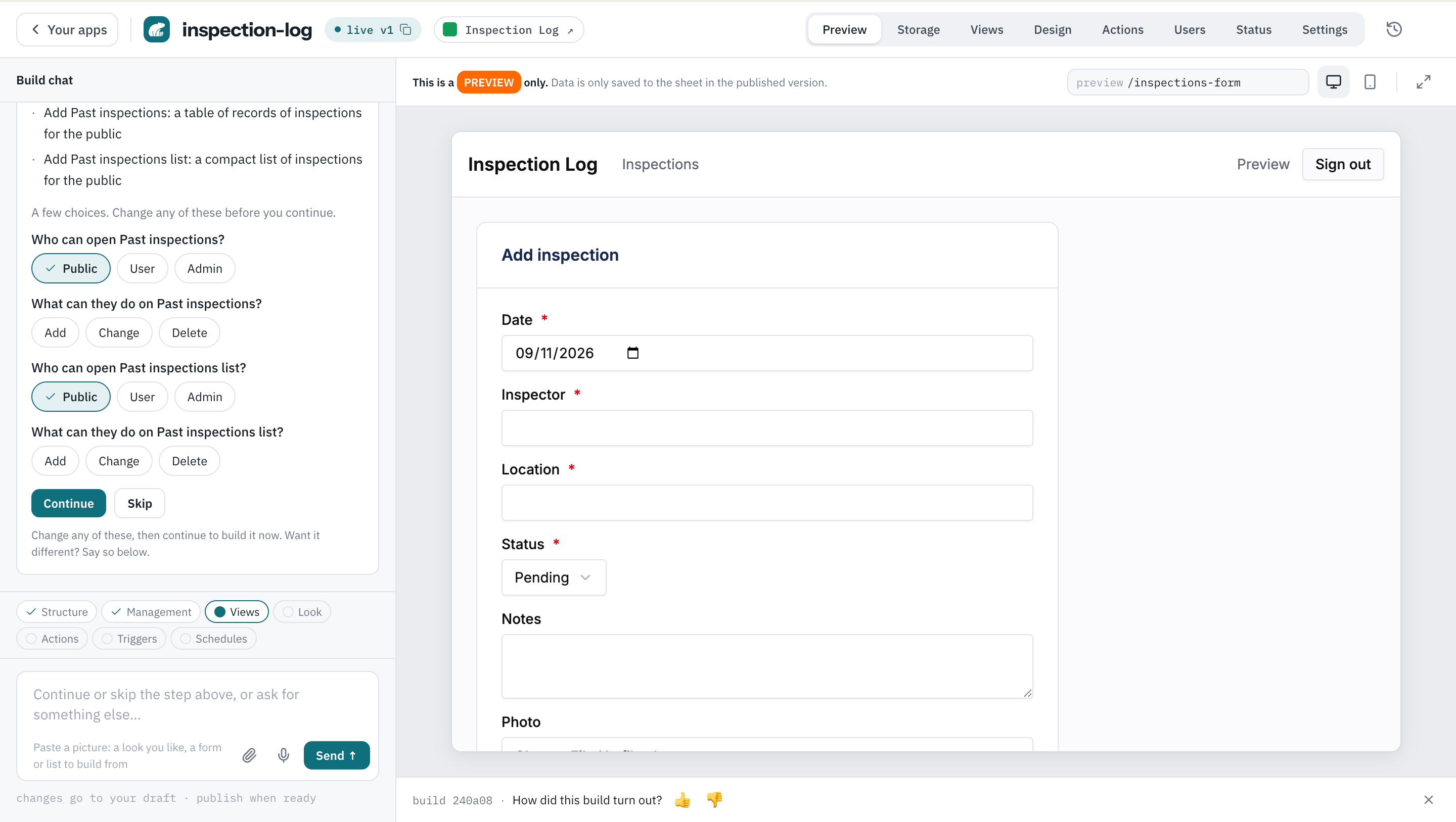 Eagersheet console: a build chat asking who can view and edit inspections, beside a live preview of the inspection log app it is building